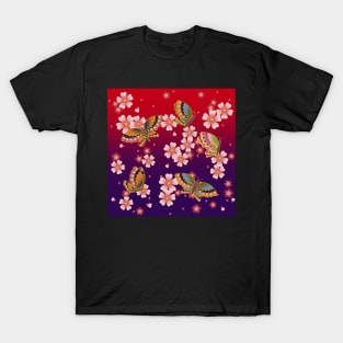 Japanese Butterflies Amid Sakura Blossoms (Red & Purple) T-Shirt